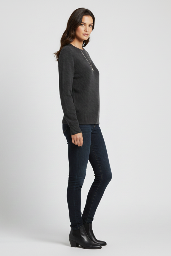 Women's Classic Round Neck Sweater with Ribbed Cuffs and Hem, view 2
