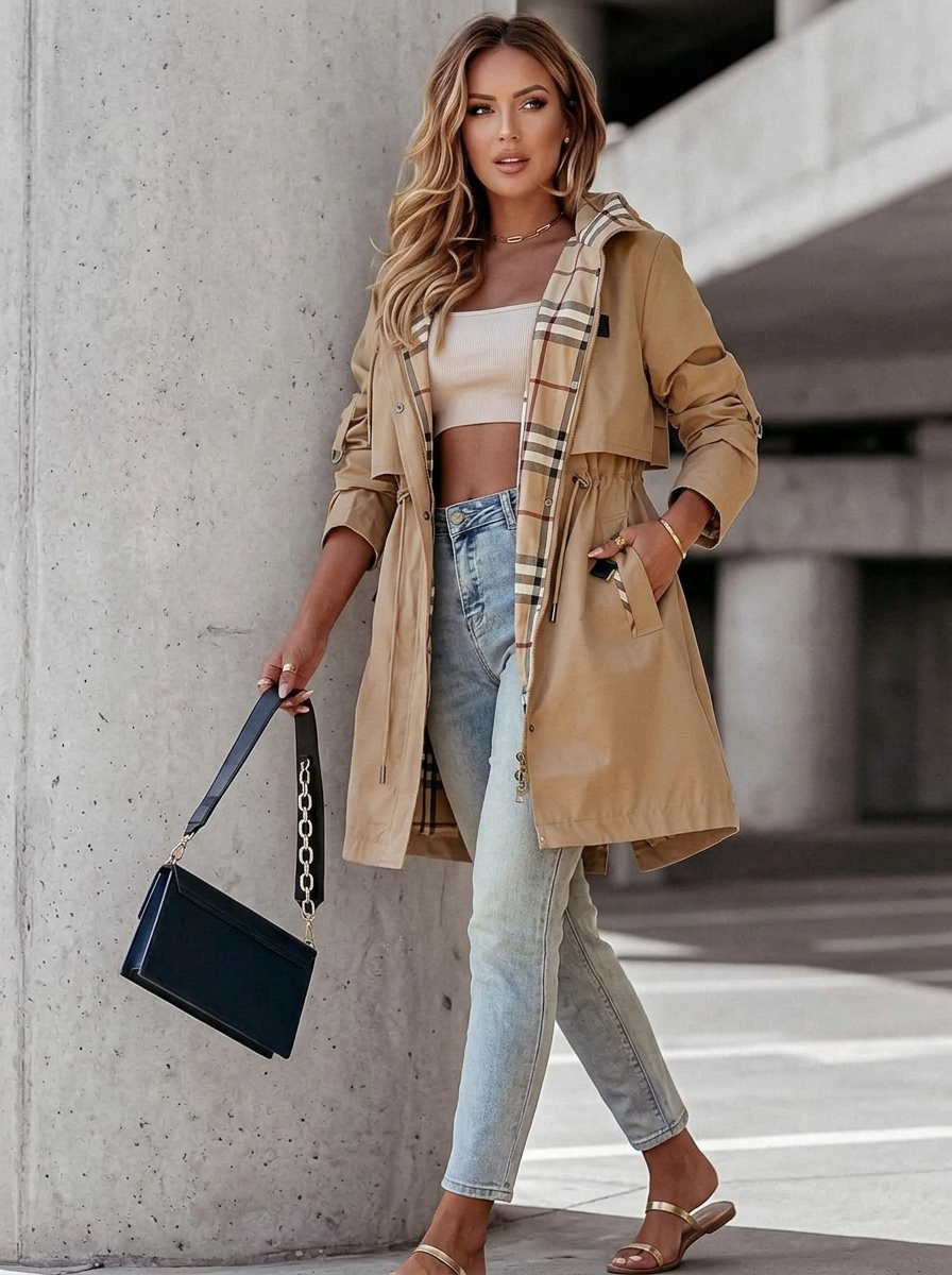 Women's Khaki Trench Coat with Plaid-Lined Hood and Drawstring Waist, view 2