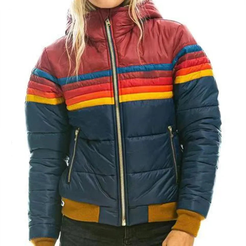Women's Retro Striped Hooded Puffer Jacket, view 2