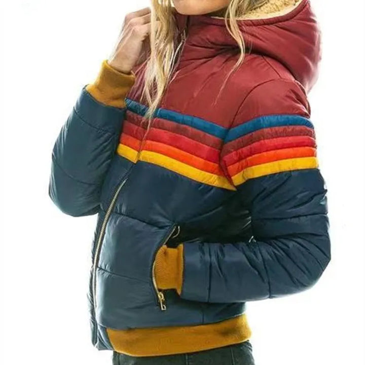 Women's Puffer Jacket with Hood, Striped Retro Quilted Winter Coat