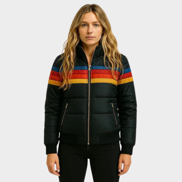 Women's Puffer Jacket with Hood, Striped Retro Quilted Winter Coat