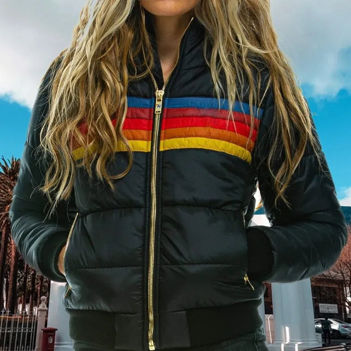 Women's Puffer Jacket with Hood, Striped Retro Quilted Winter Coat