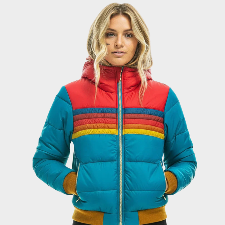 Women's Puffer Jacket with Hood, Striped Retro Quilted Winter Coat