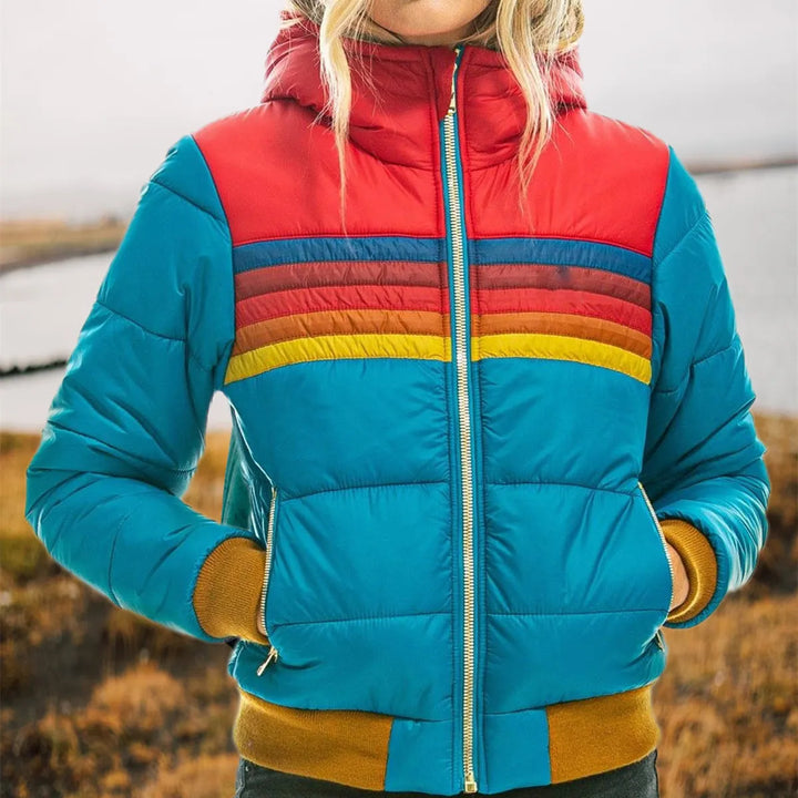 Women's Puffer Jacket with Hood, Striped Retro Quilted Winter Coat
