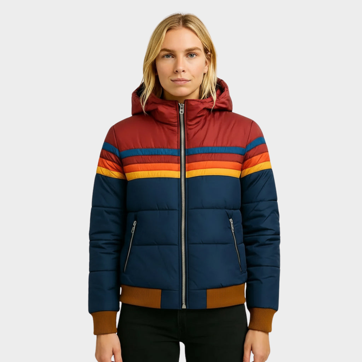 Women's Puffer Jacket with Hood, Striped Retro Quilted Winter Coat