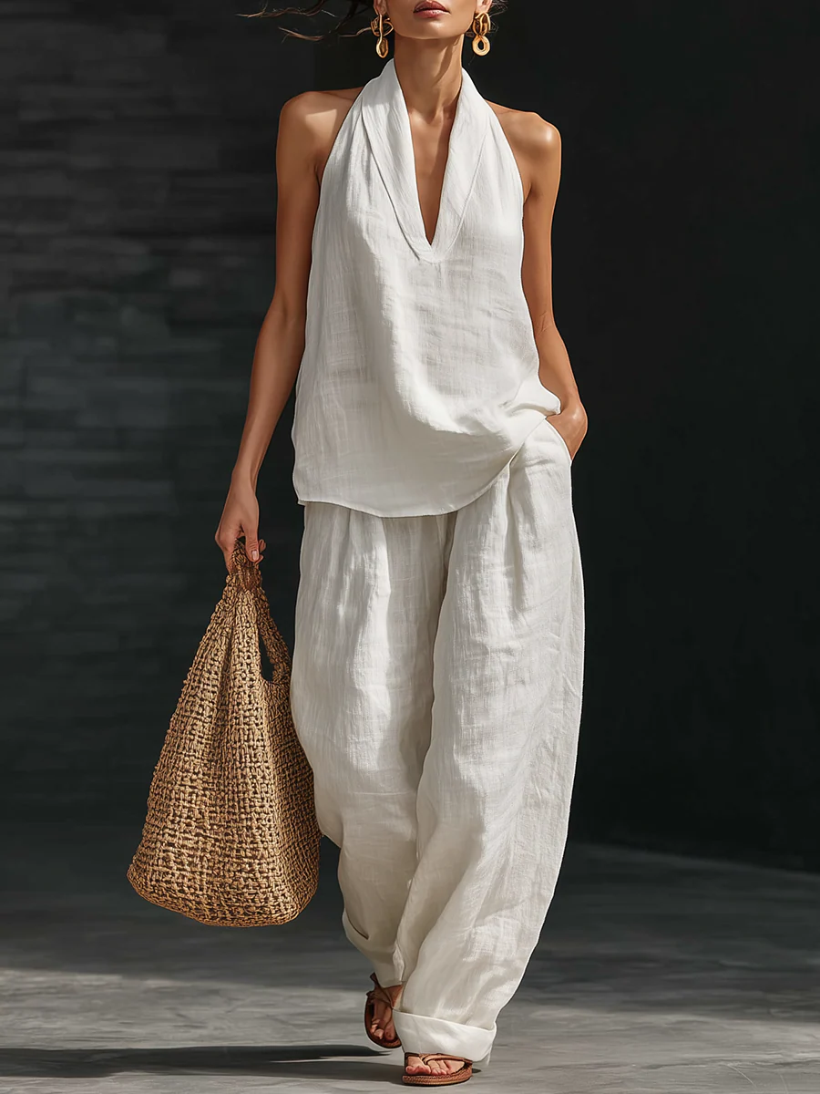 Women's Sleeveless Top and Wide-Leg Pants Two-Piece Set in White