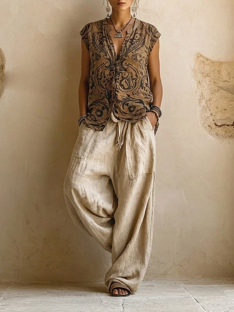 Women's Cotton-Linen Three-Piece Set with Sleeveless V-Neck Top