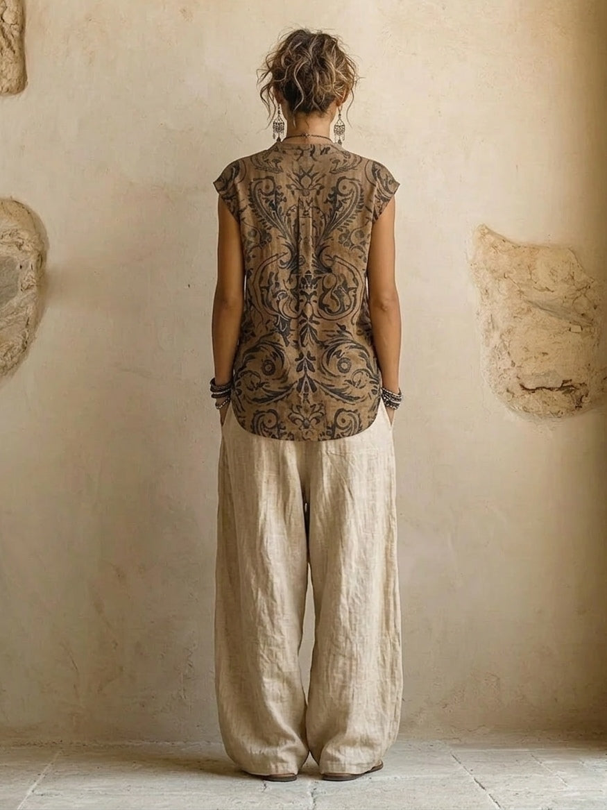 Women's Cotton-Linen Three-Piece Set with Sleeveless V-Neck Top, view 2