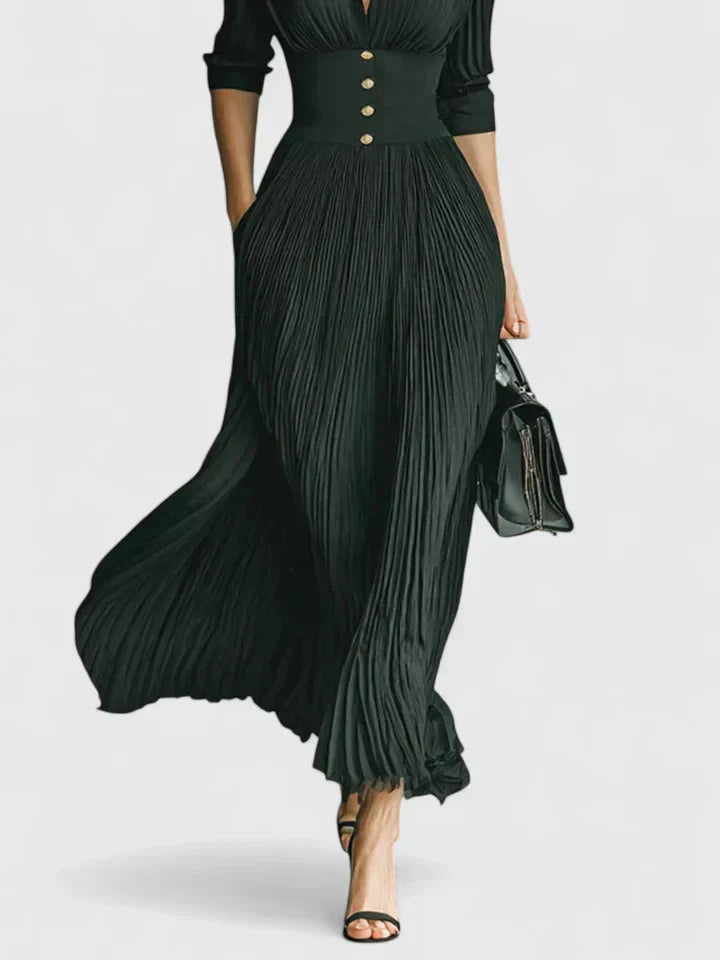 Women's Black Collared Maxi Dress with Pleated Skirt