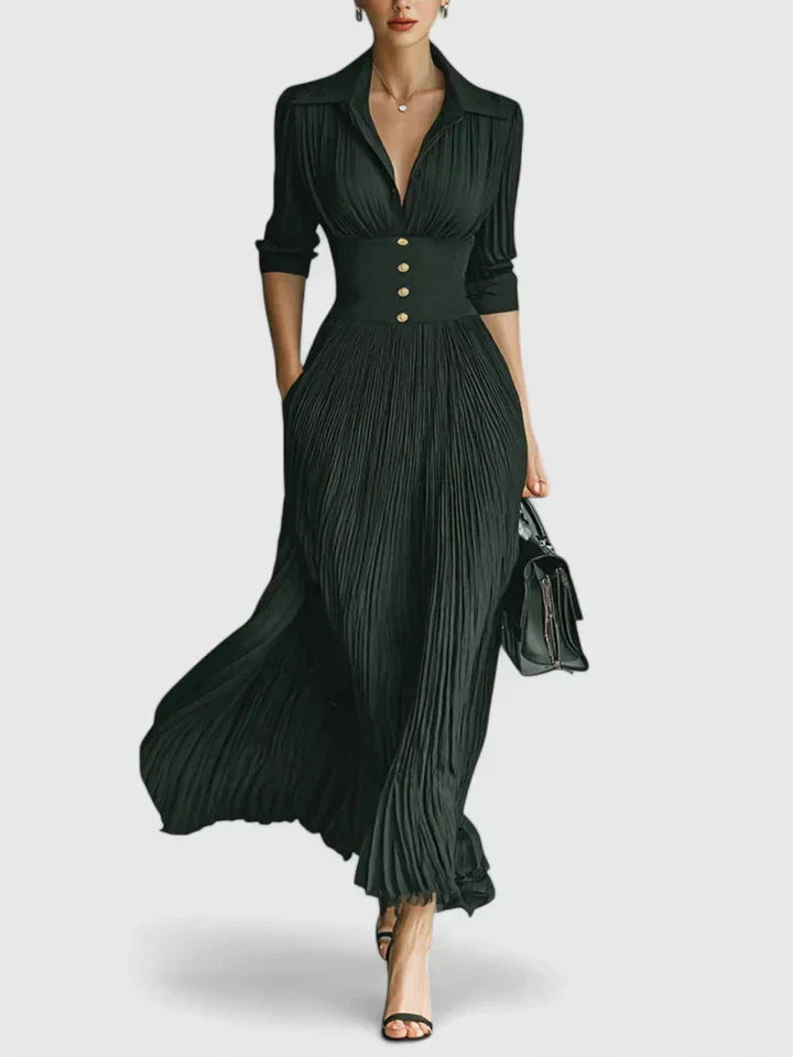 Women's Black Collared Maxi Dress with Pleated Skirt, view 2
