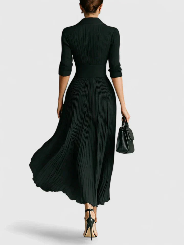 Women's Black Collared Maxi Dress with Pleated Skirt, view 3