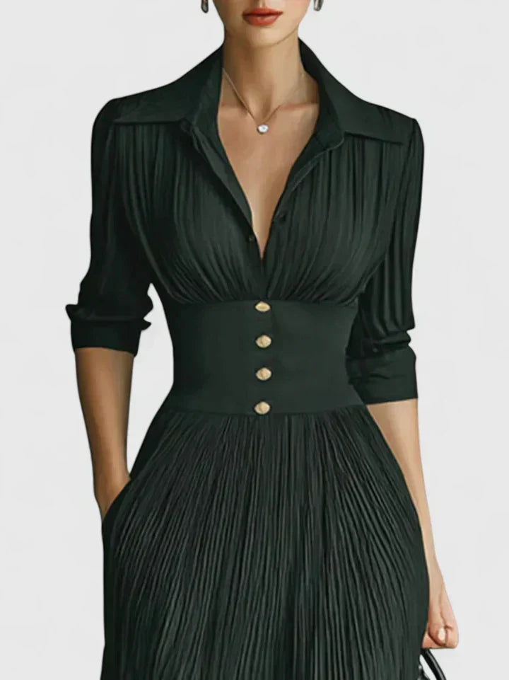 Women's Black Collared Maxi Dress with Pleated Skirt, view 4