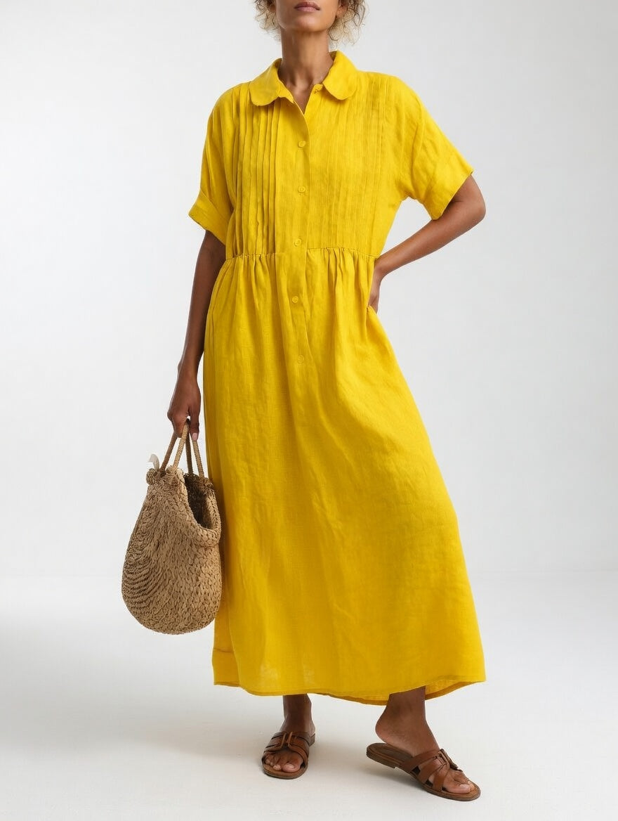 Women's Flowy Lightweight Summer Shirt Dress in Yellow