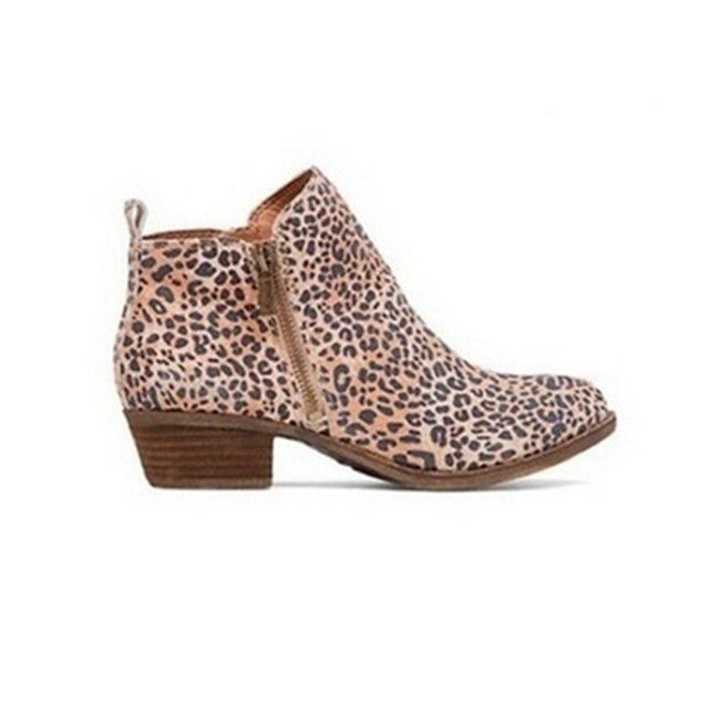 Women's Classic Faux Leather Block Heel Ankle Boots with Side Zip in Leopard