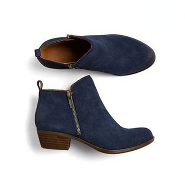 Women's Classic Faux Leather Block Heel Ankle Boots with Side Zip in Blue