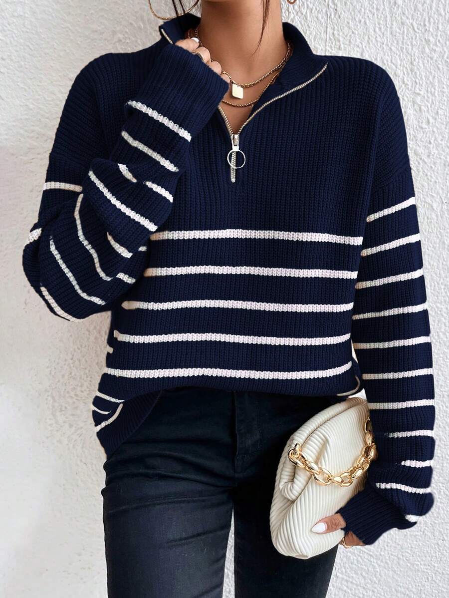 Women's Half Zip Sweater, Ribbed Stripe Mock Neck Pullover