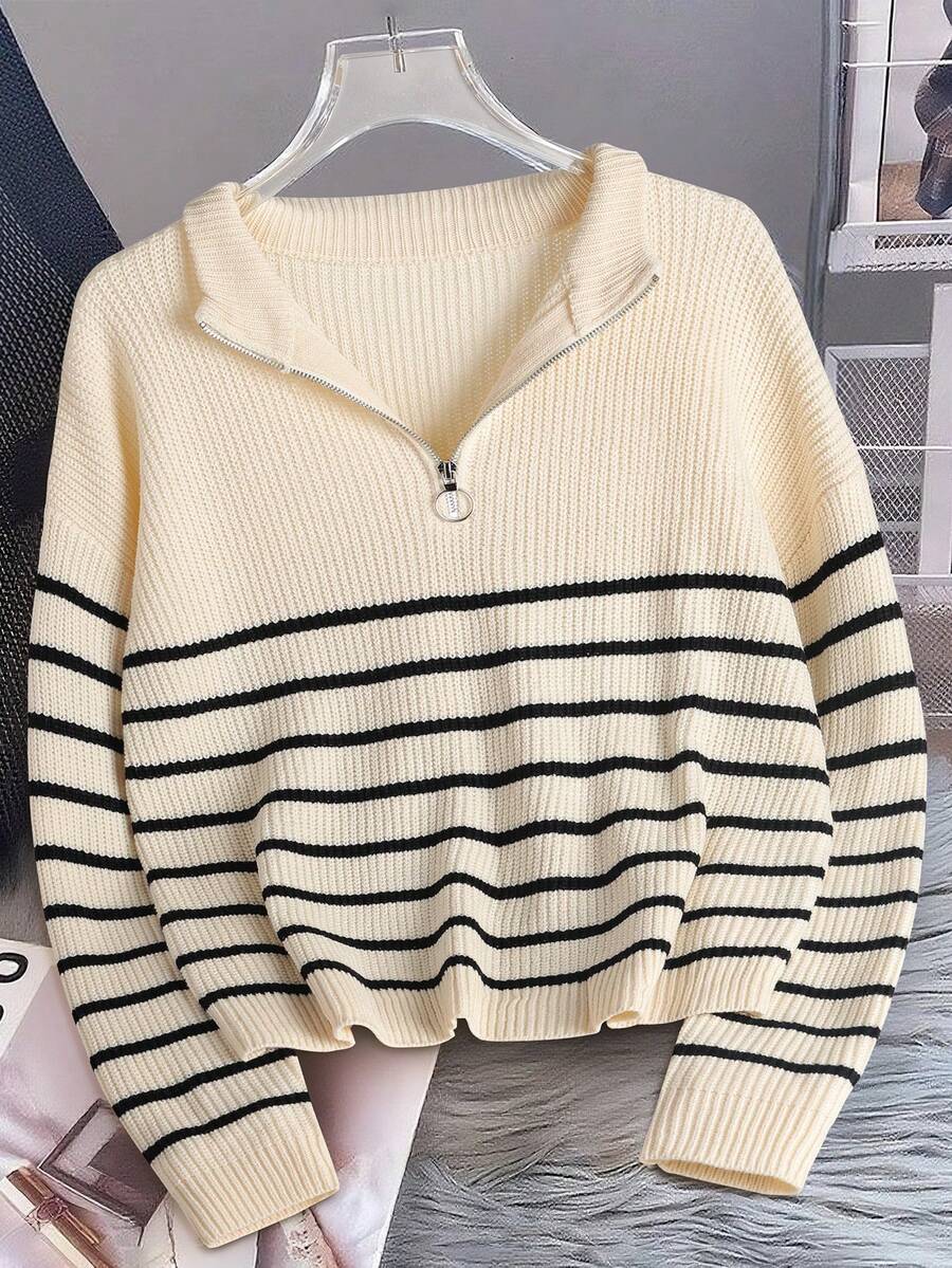 Women's Half Zip Sweater, Ribbed Stripe Mock Neck Pullover