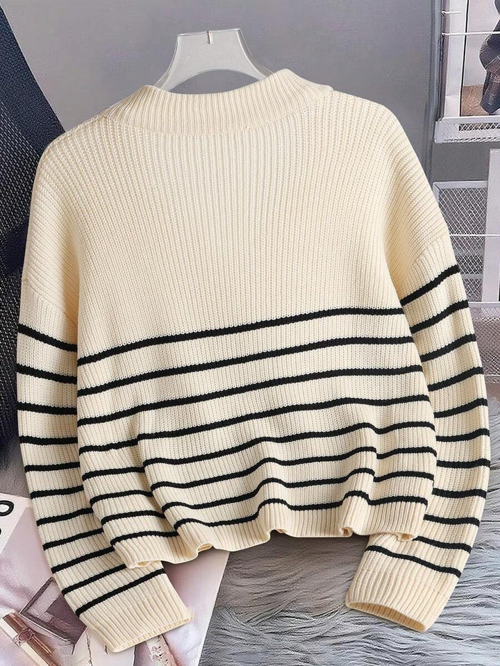 Women's Half Zip Sweater, Ribbed Stripe Mock Neck Pullover