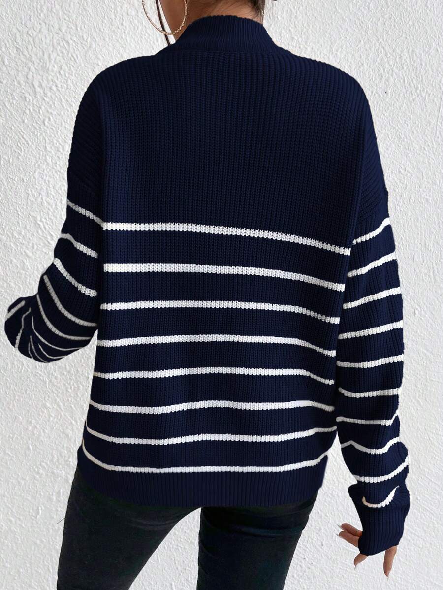 Women's Half Zip Sweater, Ribbed Stripe Mock Neck Pullover
