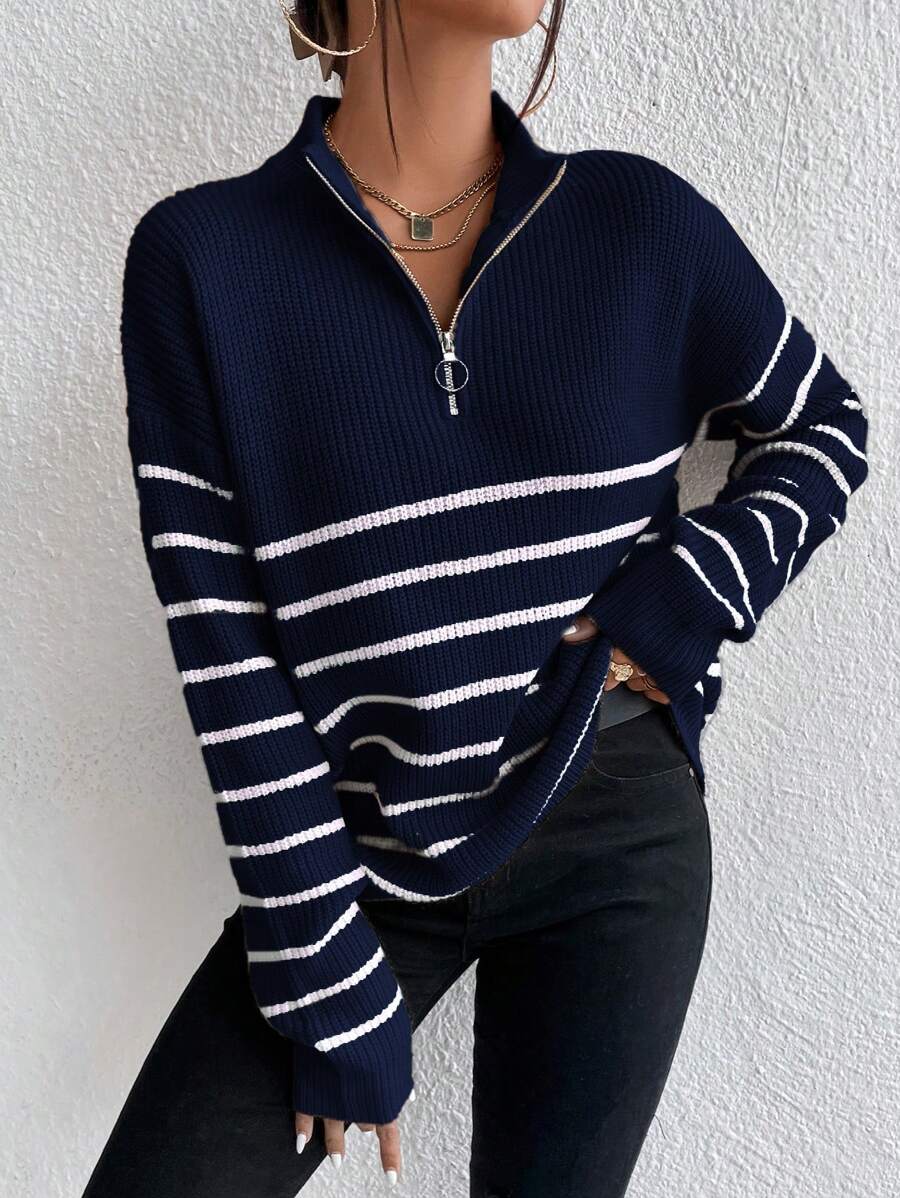 Women's Half Zip Sweater, Ribbed Stripe Mock Neck Pullover