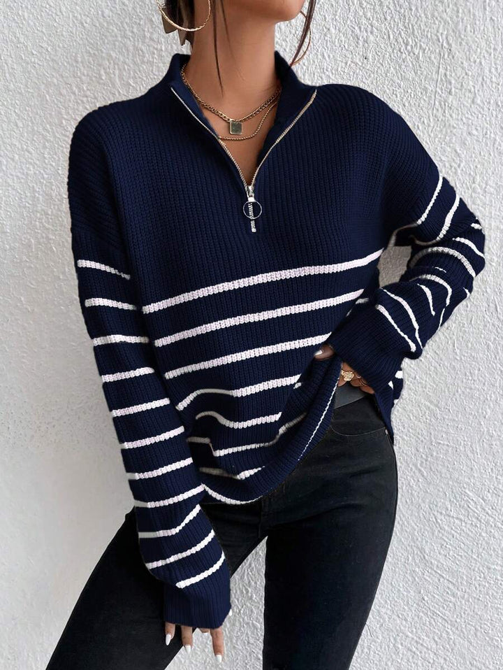 Women's Half Zip Sweater, Ribbed Stripe Mock Neck Pullover