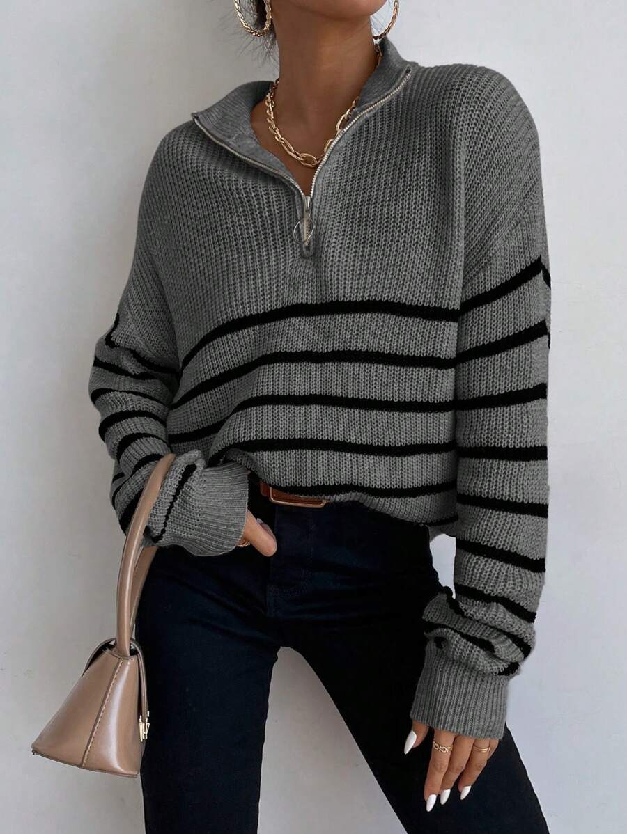 Women's Half Zip Sweater, Ribbed Stripe Mock Neck Pullover