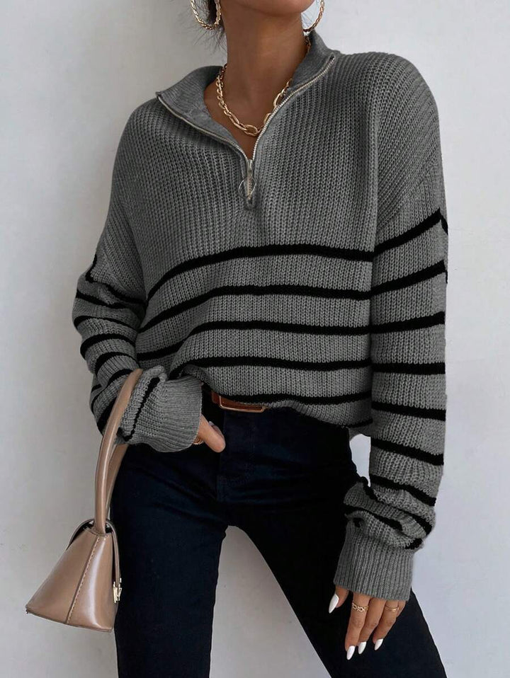Women's Half Zip Sweater, Ribbed Stripe Mock Neck Pullover
