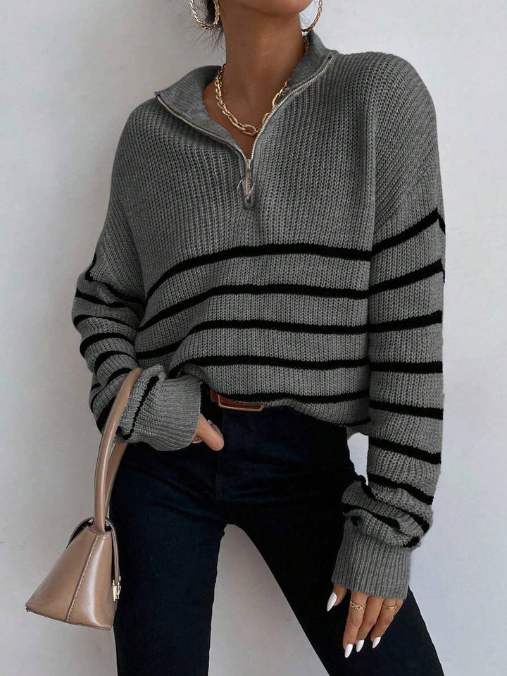 Women's Half Zip Sweater, Ribbed Stripe Mock Neck Pullover