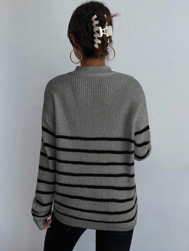 Women's Half Zip Sweater, Ribbed Stripe Mock Neck Pullover