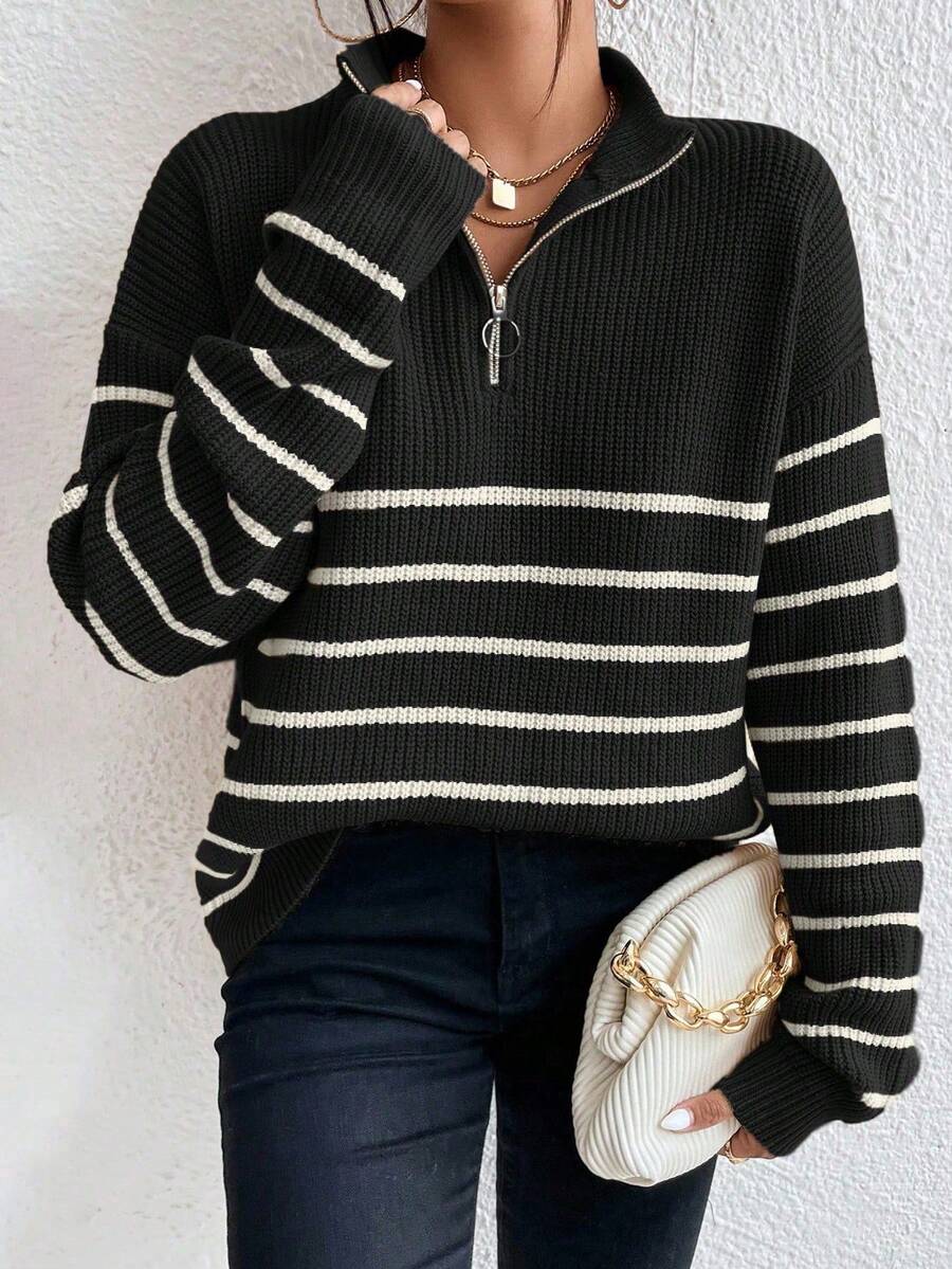 Women's Half Zip Sweater, Ribbed Stripe Mock Neck Pullover