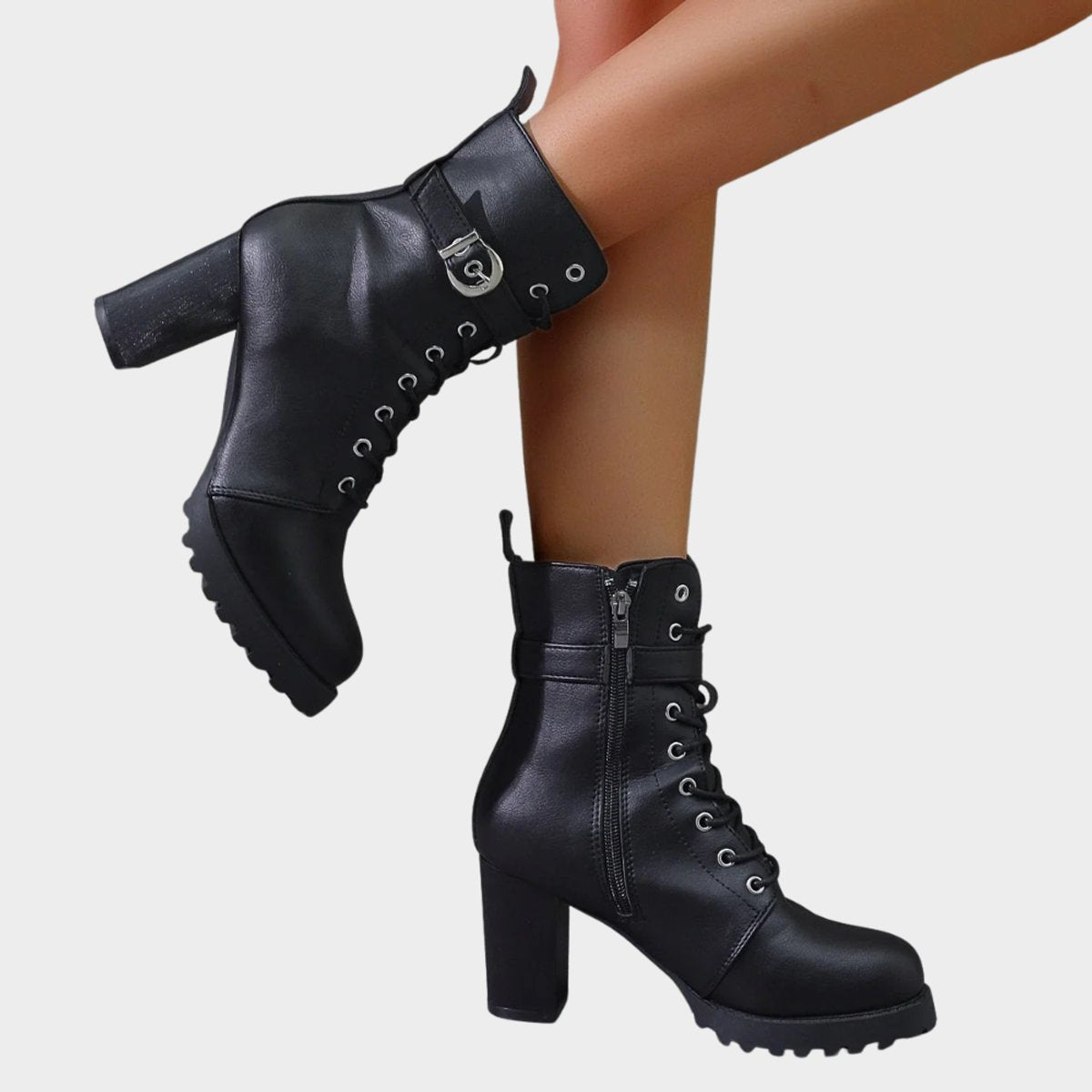 Women's Lug Sole Combat Ankle Boots with Metal Eyelets and Side Buckle, view 4