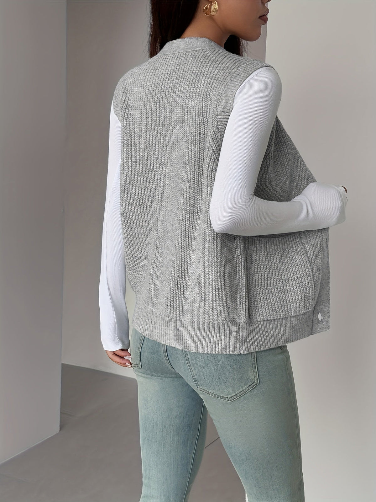 Women's Button-Front V-Neck Knit Sweater Vest, view 3