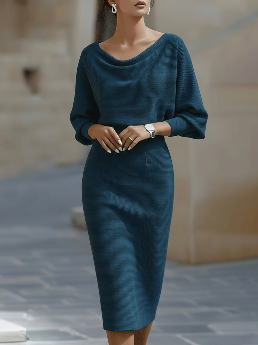 Women's Draped Batwing Sleeve Knit Midi Dress with Cowl Neck in Teal