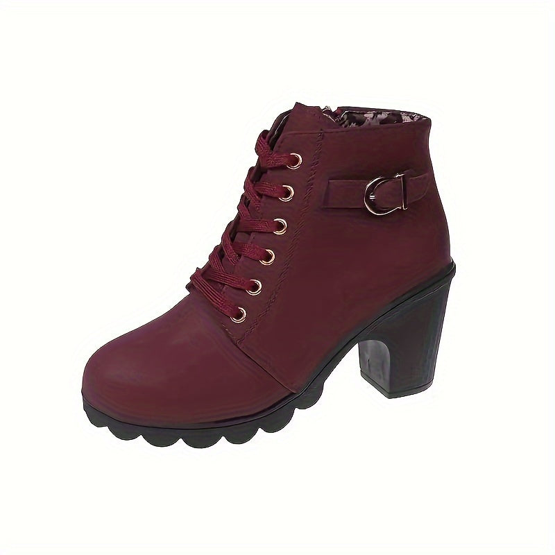 Women's Lug Sole Lace-Up Block Heel Ankle Boots with Side Zip, view 4