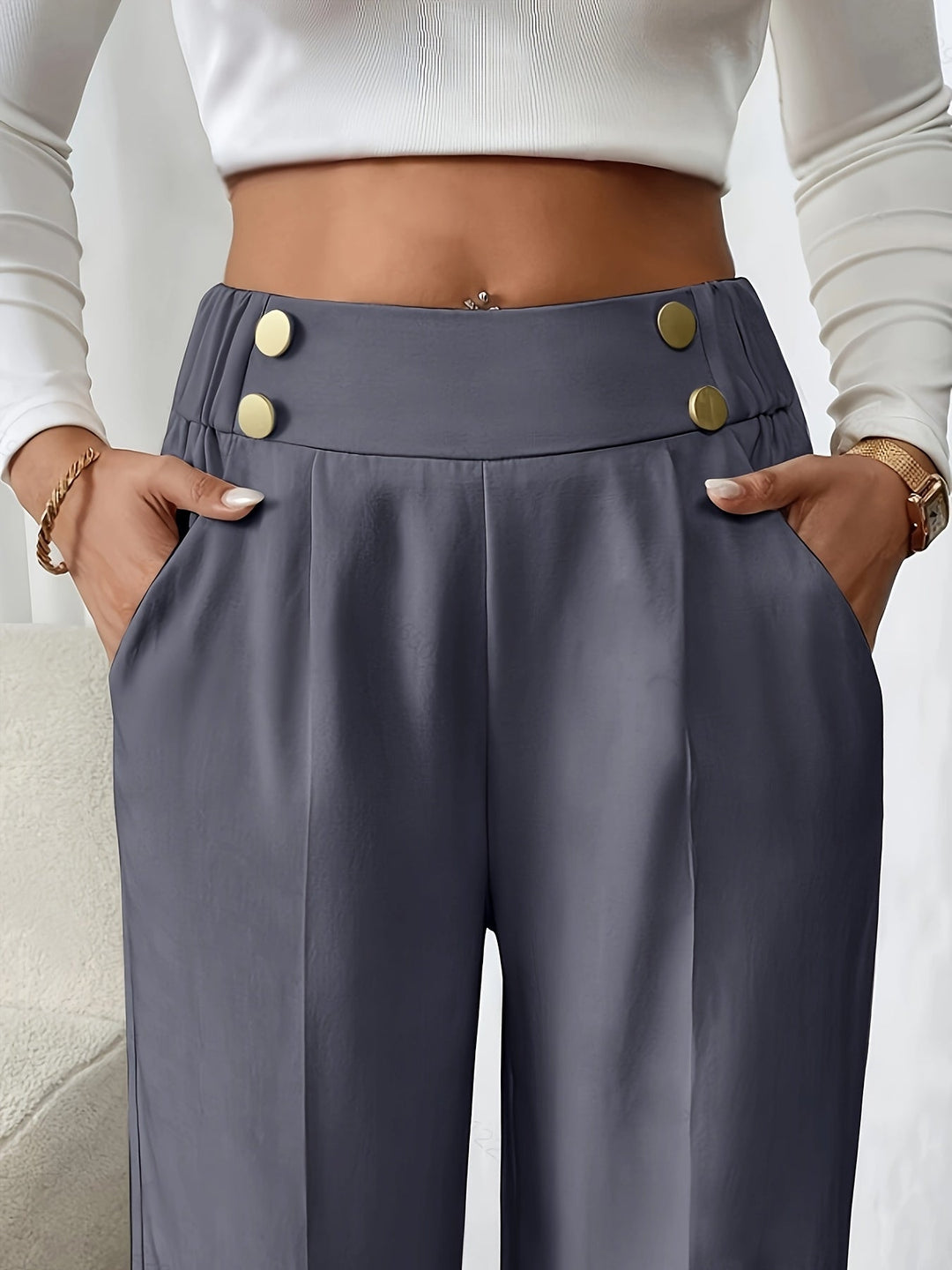 Women's Wide Leg Pants, Elastic High Waist Tailored Trousers