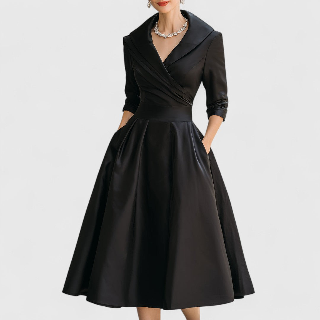 Women's Wrap V-Neck Midi Dress with Pockets and 3/4 Sleeves in Black