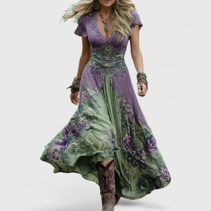 Women's Floral Embroidered Midi Dress with Flowing Skirt in Purple