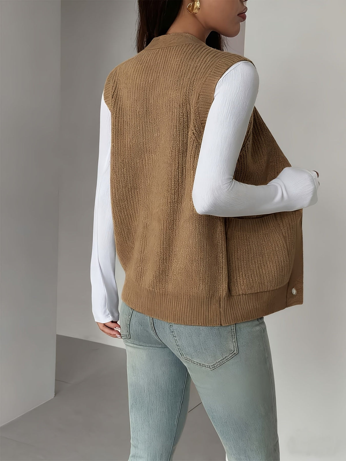 Women's Button-Front V-Neck Knit Sweater Vest, view 17