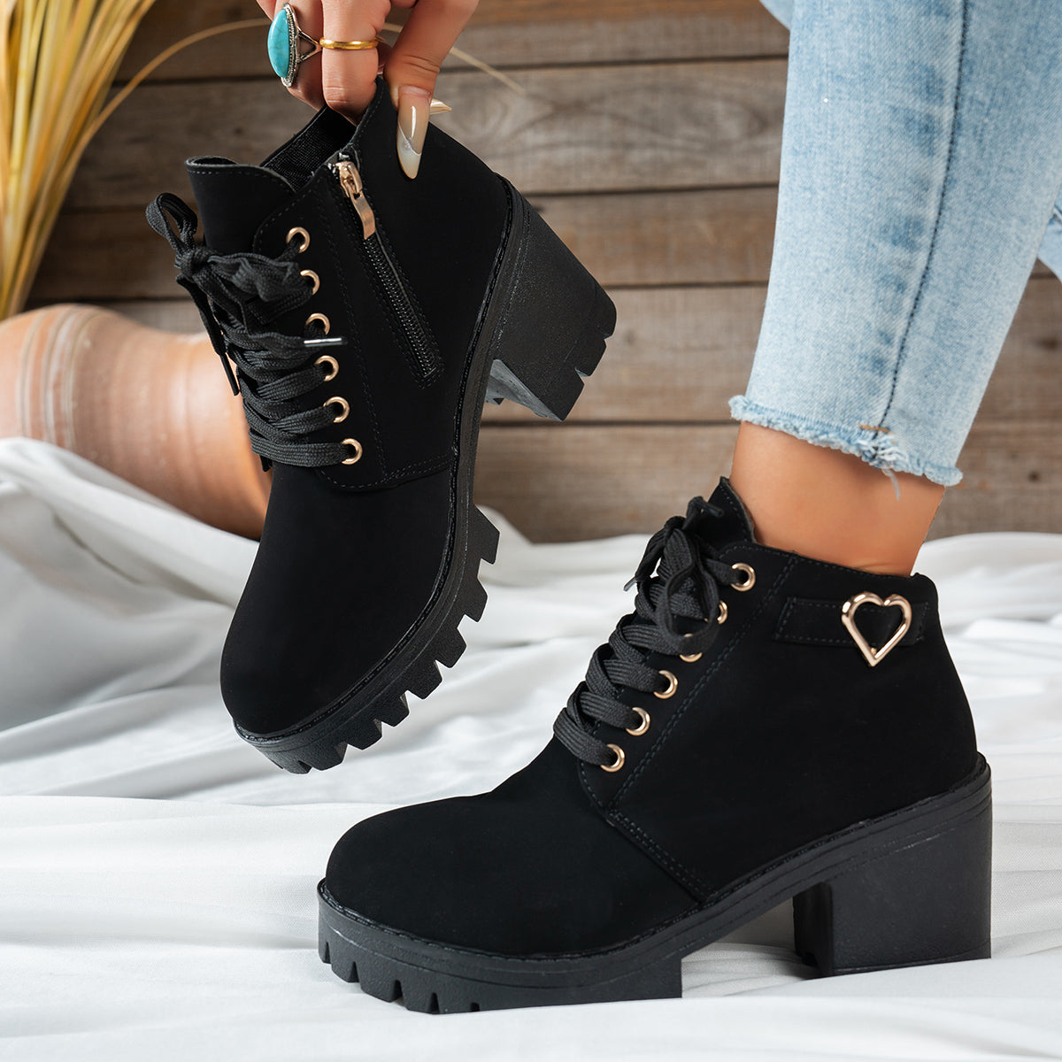 Women's Lace-Up Block Heel Ankle Boots with Heart Hardware, view 3