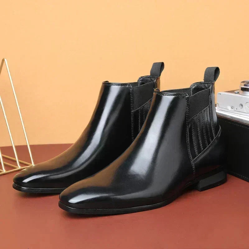 Women's Pointed Toe Slip-On Chelsea Ankle Boots with Pull Tab in Black