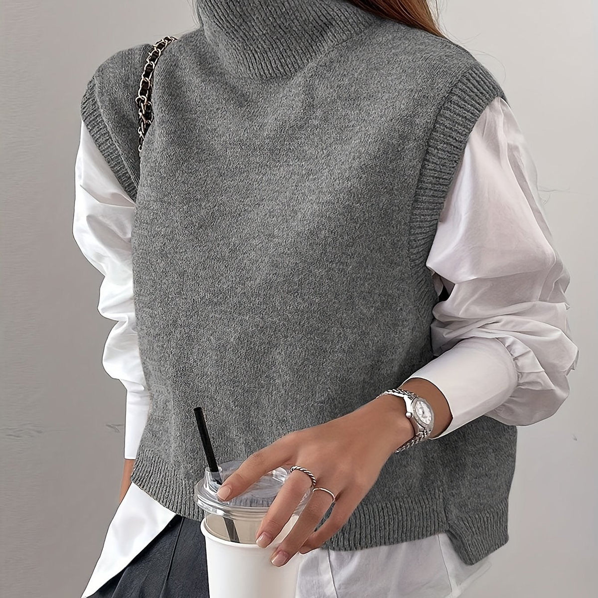 Women's High-Neck Sleeveless Sweater Vest in Gray