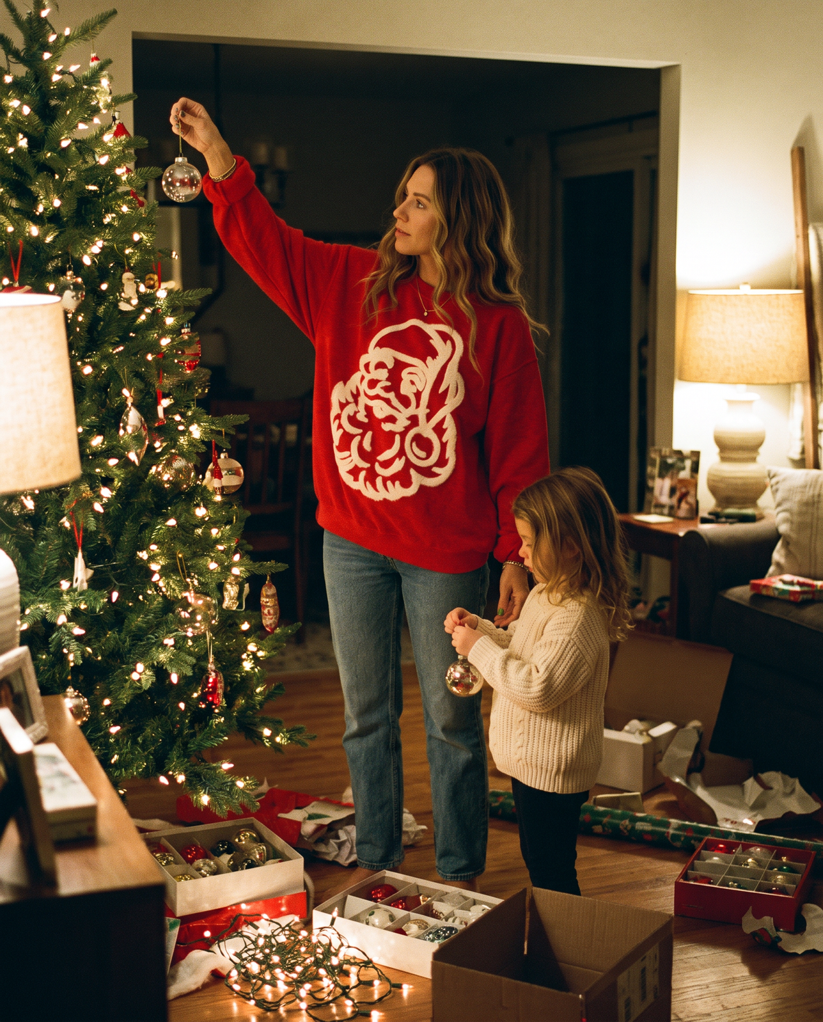 Women's Christmas Sweater, Fuzzy Santa Oversized Sweatshirt — red, worn decorating the Christmas tree with her daughter