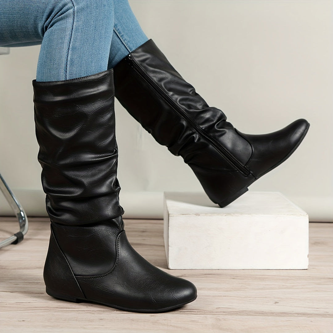 Women's Mid Calf Boots, Slouchy Flat Round Toe Pull On Boots