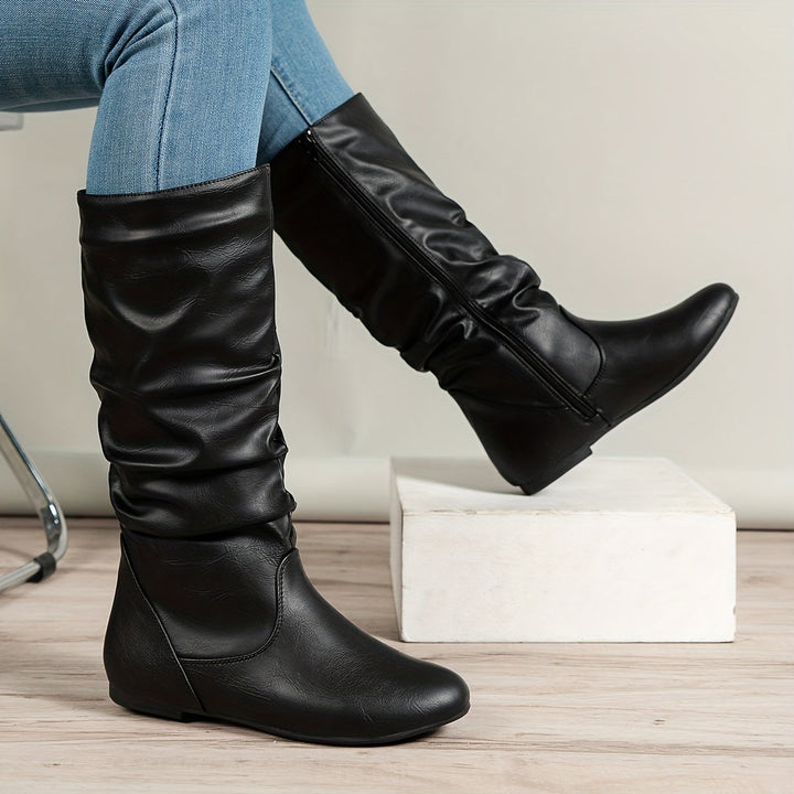 Women's Mid Calf Boots, Slouchy Flat Round Toe Pull On Boots