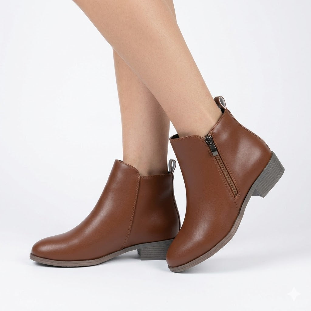 Women's Classic Faux Leather Block Heel Ankle Boots with Side Zip in Brown