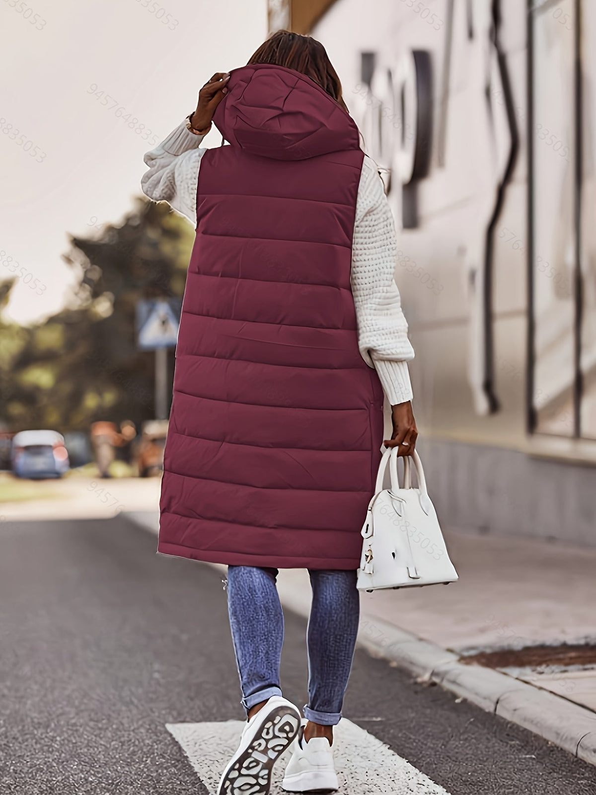 Women's Burgundy Longline Hooded Puffer Vest, view 3