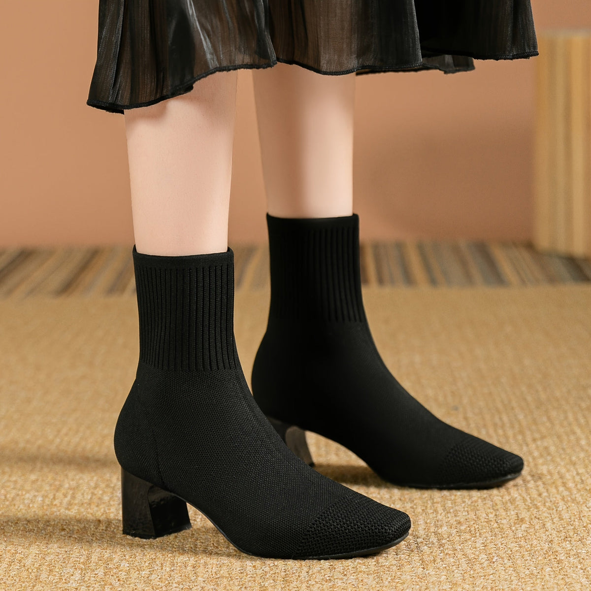 Women's Stretch Knit Sock Ankle Boots with Square Toe and Block Heel, view 9