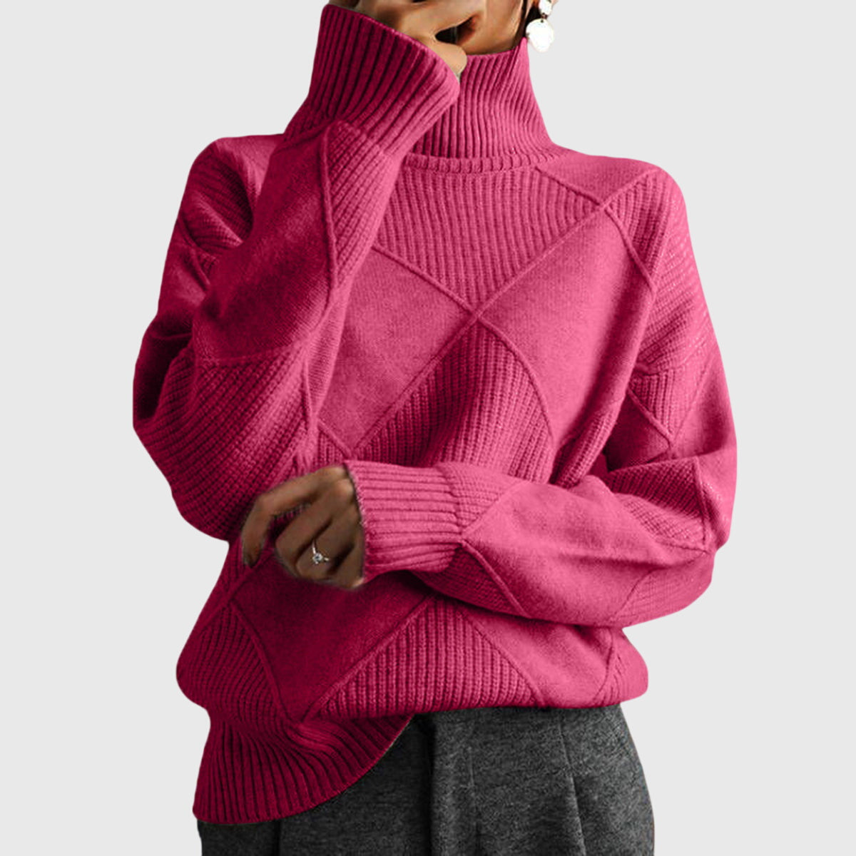 Women's Geometric Textured Knit Turtleneck Sweater in Rose