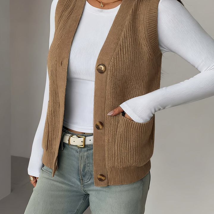 Women's Knit Vest, Button Front V Neck Sleeveless Sweater