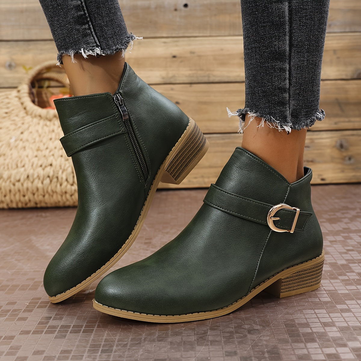 Women's Wraparound Buckle Chelsea Ankle Boots with Side Zip in Green